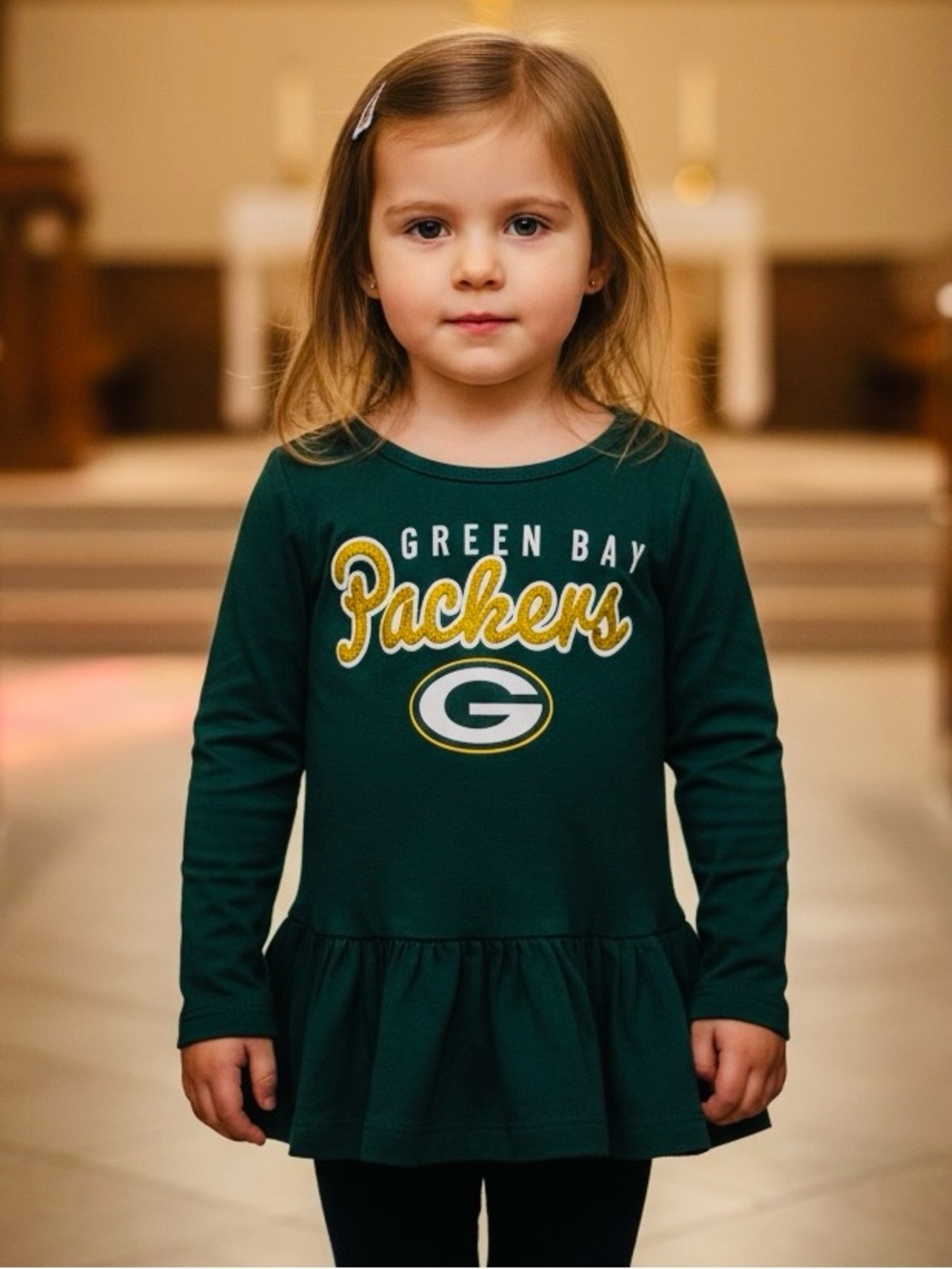 NFL Green Bay Packers Girls' Dark Green Long-Sleeve Peplum Top Cotton Size 3T